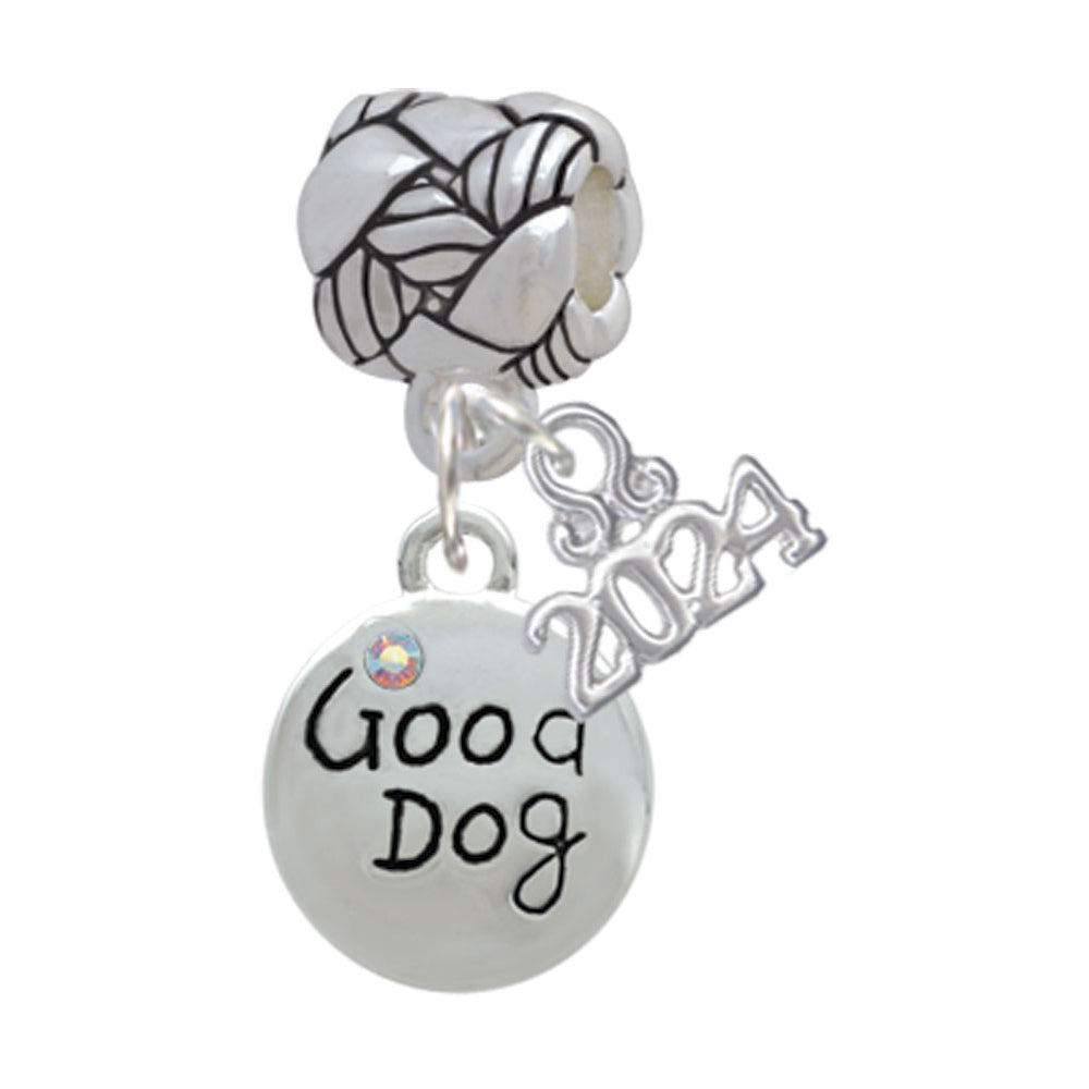 Delight Jewelry Silvertone Good Dog with AB Crystal and Paw Print Woven Rope Charm Bead Dangle with Year 2024 Image 1