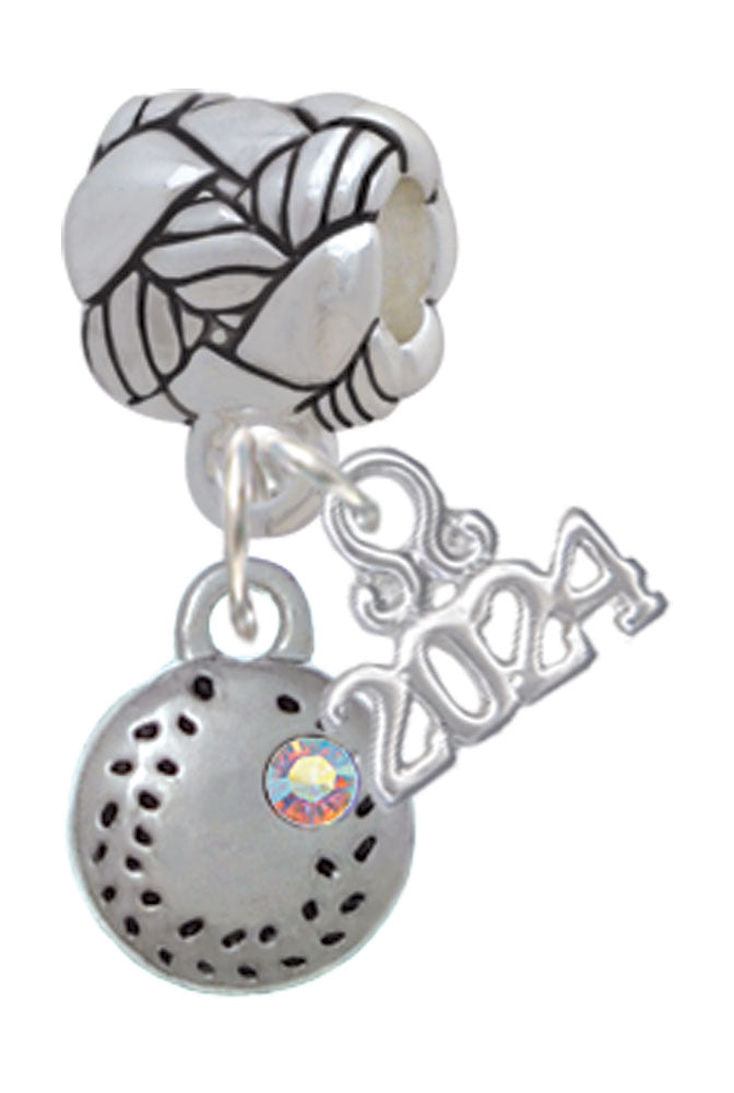 Delight Jewelry Silvertone Mini Softball/Baseball with AB Crystal Woven Rope Charm Bead Dangle with Year 2024 Image 1