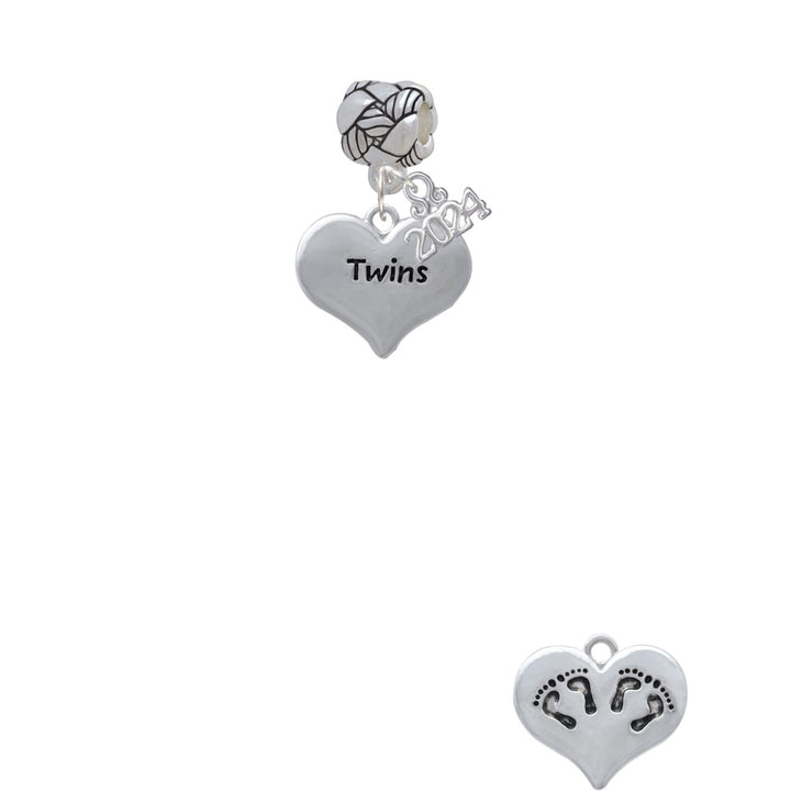 Delight Jewelry Twins Heart with Two Pair of Baby Feet Woven Rope Charm Bead Dangle with Year 2024 Image 2