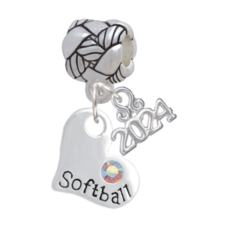 Delight Jewelry Heart with Softball and AB Crystal Woven Rope Charm Bead Dangle with Year 2024 Image 1