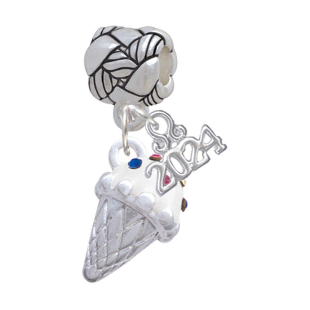 Delight Jewelry 3-D Vanilla Ice Cream Cone with Crystal Sprinkles Woven Rope Charm Bead Dangle with Year 2024 Image 1