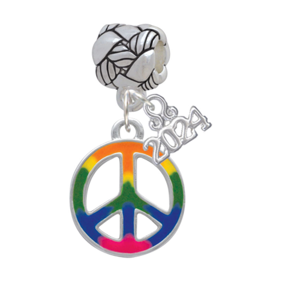 Delight Jewelry Silvertone Large Rainbow Colored Peace Sign Woven Rope Charm Bead Dangle with Year 2024 Image 1
