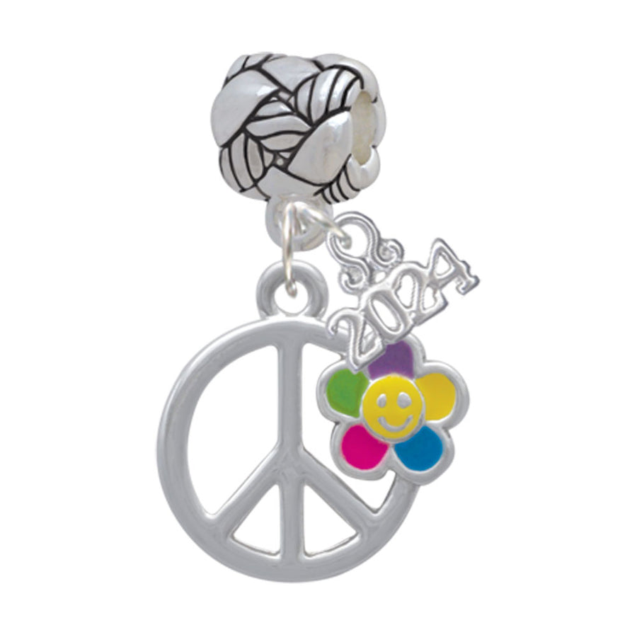 Delight Jewelry Silvertone Large Multicolored Daisy on Peace Sign Woven Rope Charm Bead Dangle with Year 2024 Image 1