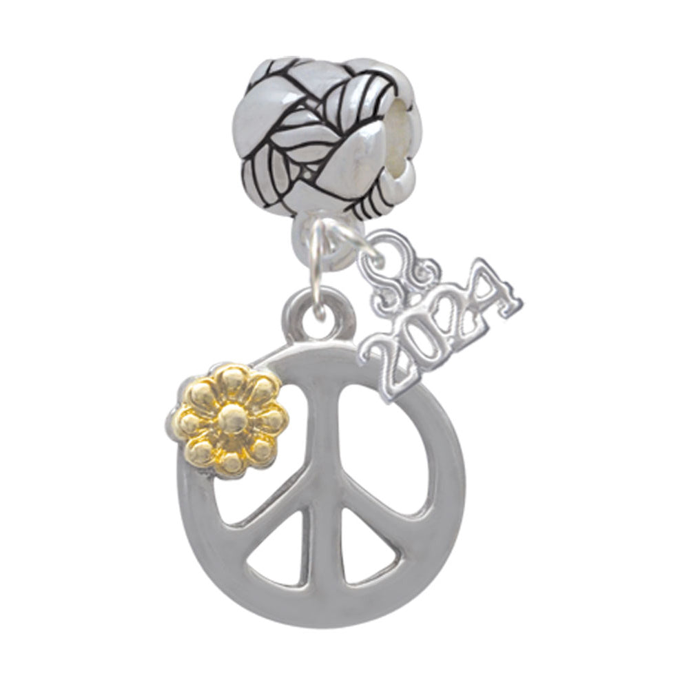 Delight Jewelry Two-tone Large Peace Sign with Daisy and Crystal Woven Rope Charm Bead Dangle with Year 2024 Image 1