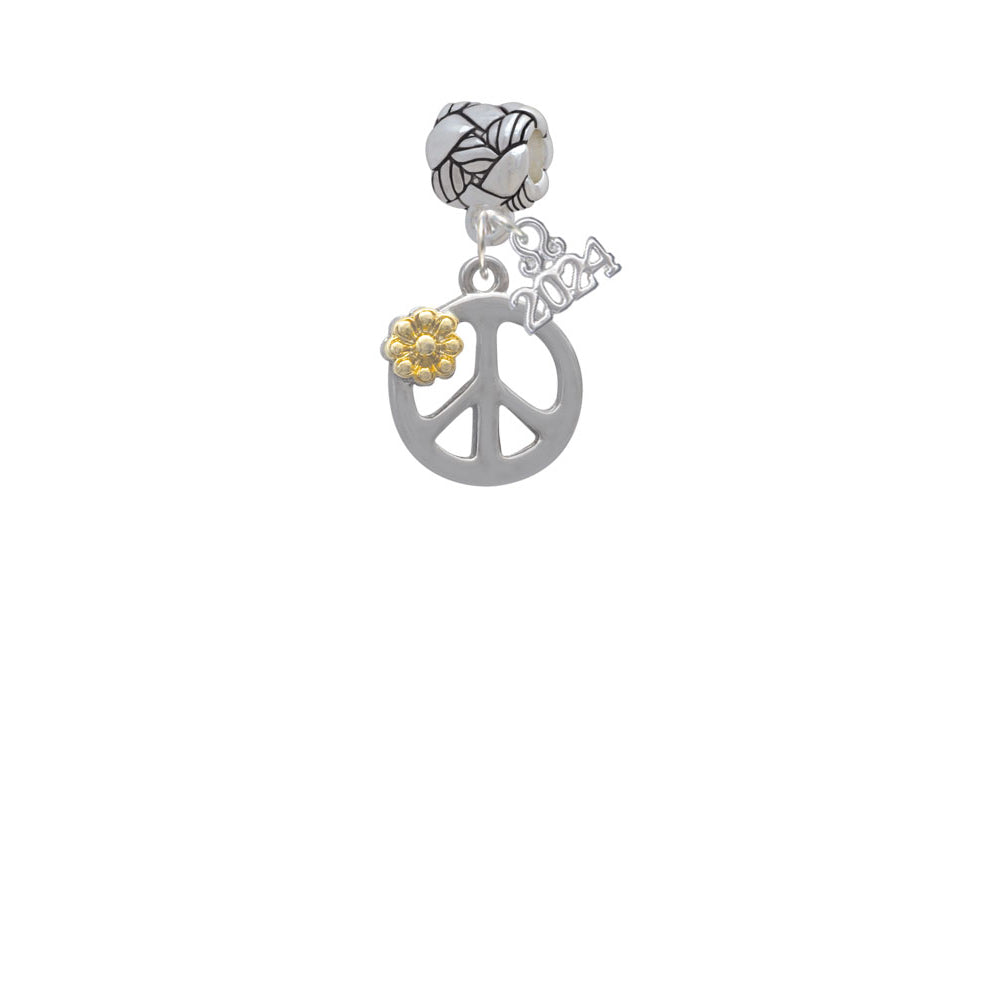 Delight Jewelry Two-tone Large Peace Sign with Daisy and Crystal Woven Rope Charm Bead Dangle with Year 2024 Image 2