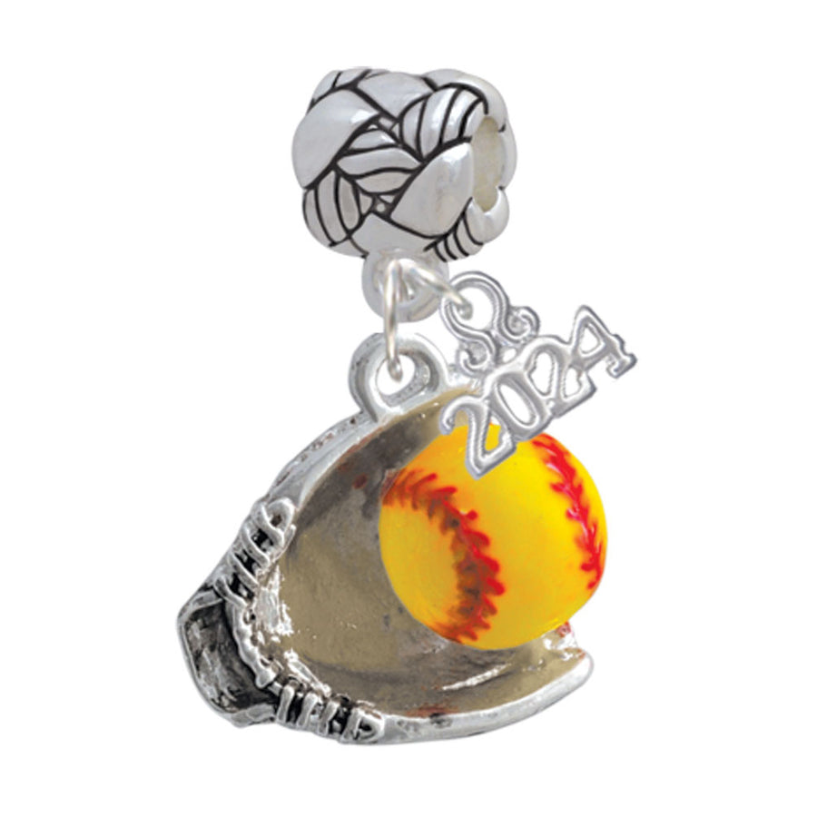 Delight Jewelry Silvertone Extra Large Softball and Glove Woven Rope Charm Bead Dangle with Year 2024 Image 1