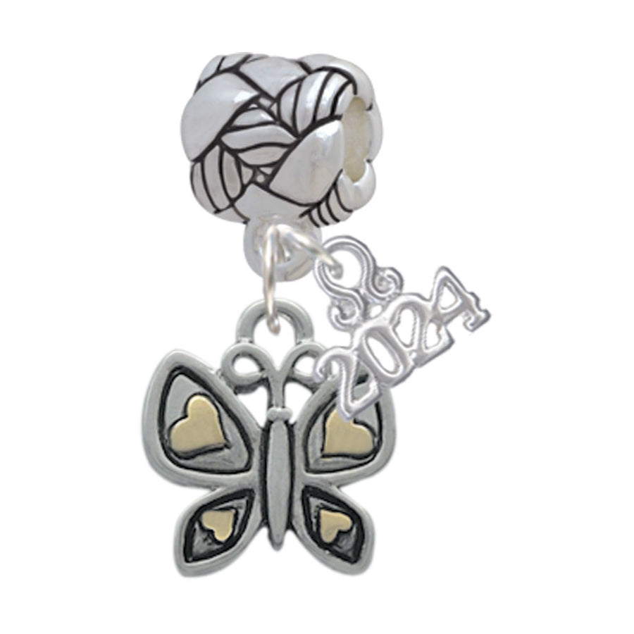 Delight Jewelry Two-tone Butterfly with Hearts Woven Rope Charm Bead Dangle with Year 2024 Image 1