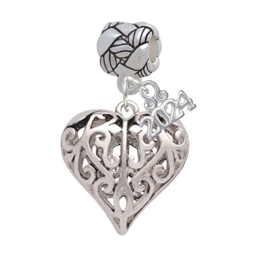Delight Jewelry Silvertone Large Open Filigree Heart Woven Rope Charm Bead Dangle with Year 2024 Image 1