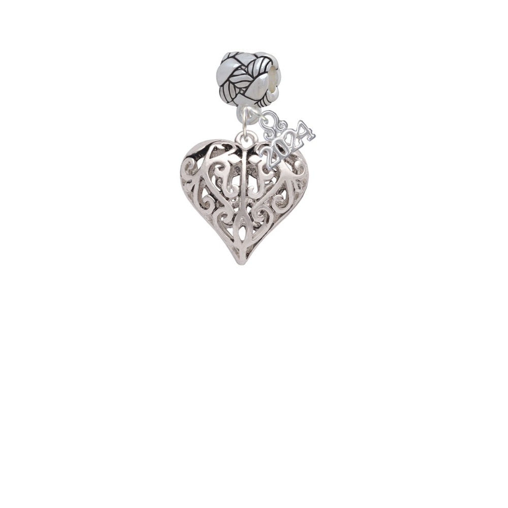 Delight Jewelry Silvertone Large Open Filigree Heart Woven Rope Charm Bead Dangle with Year 2024 Image 2