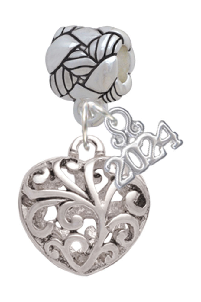 Delight Jewelry Silvertone Medium Open Filigree Heart Woven Rope Charm Bead Dangle with Year 2024 Image 1