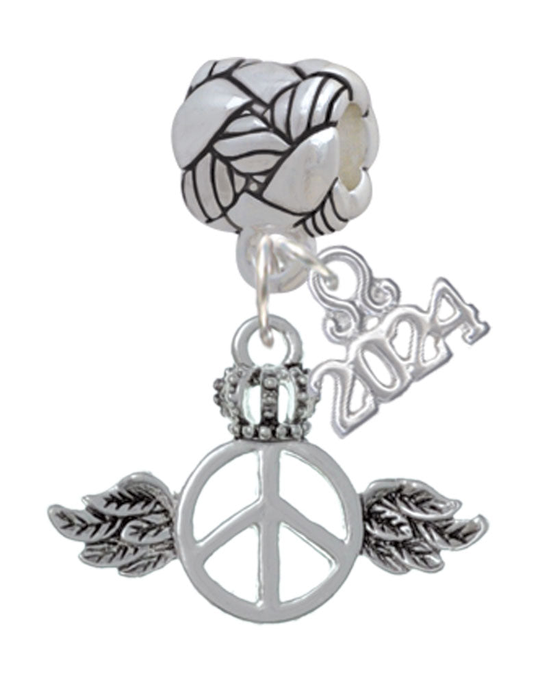 Delight Jewelry Silvertone Winged Peace Sign with Crown Woven Rope Charm Bead Dangle with Year 2024 Image 1