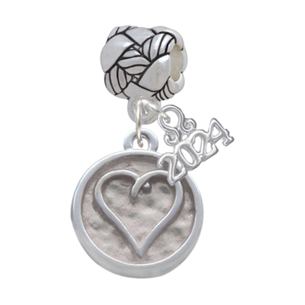 Delight Jewelry Silvertone Heart Outline - Round Seal Woven Rope Charm Bead Dangle with Year 2024 Image 1
