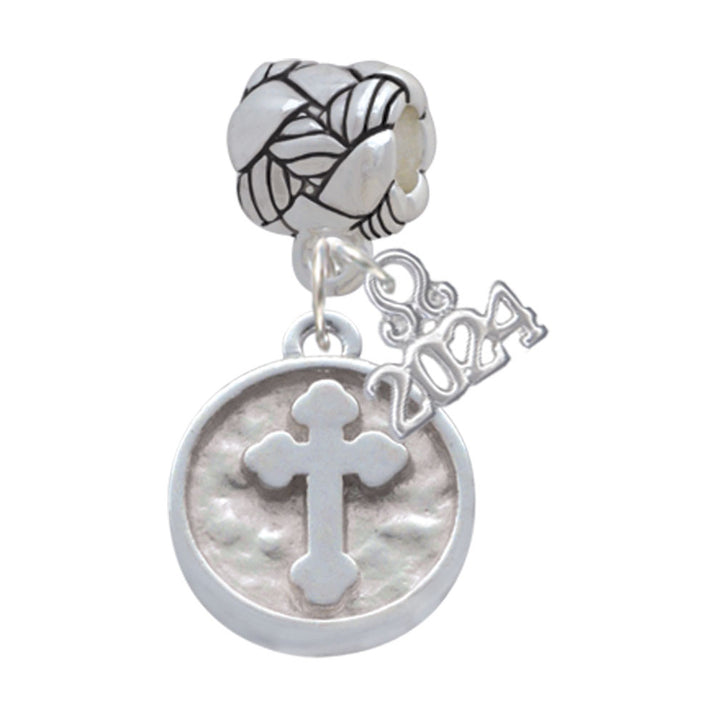 Delight Jewelry Silvertone Botonee Cross - Round Seal Woven Rope Charm Bead Dangle with Year 2024 Image 1