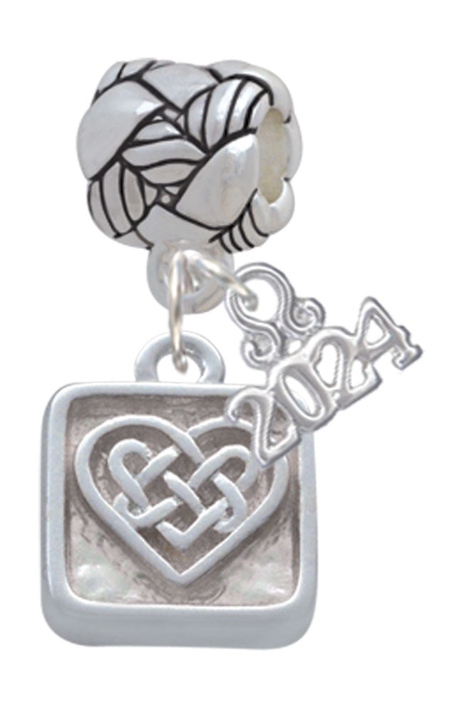 Delight Jewelry Silvertone Celtic Knot Heart - Square Seal Woven Rope Charm Bead Dangle with Year 2024 Image 1