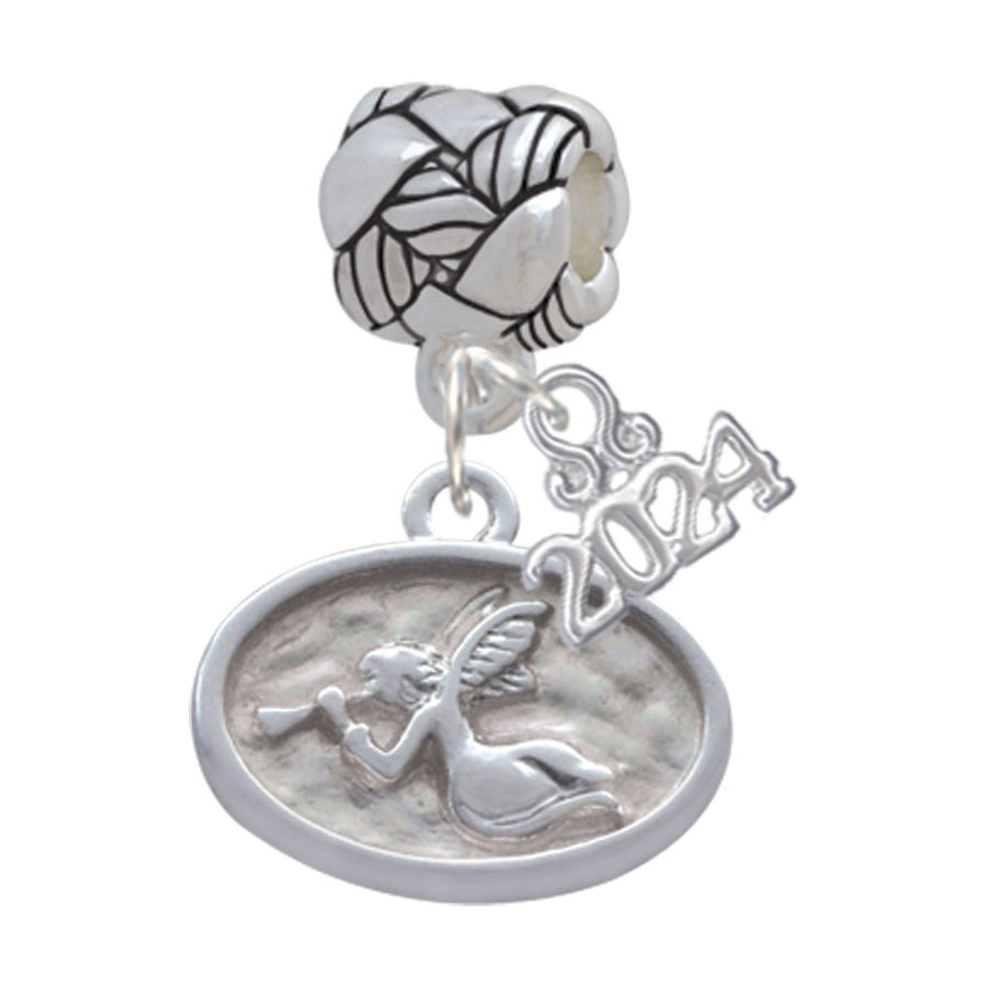 Delight Jewelry Silvertone Trumpeter Angel - Oval Seal Woven Rope Charm Bead Dangle with Year 2024 Image 1