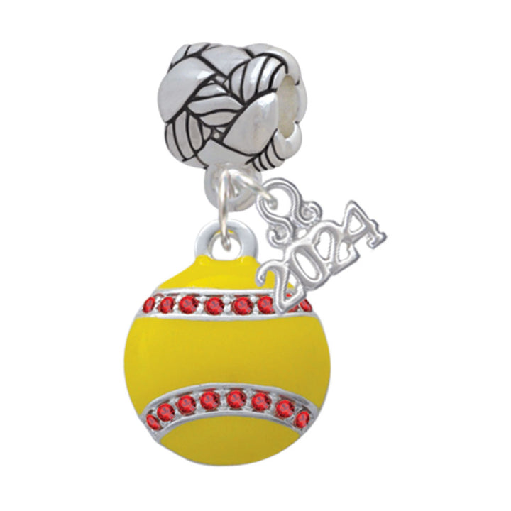Delight Jewelry Silvertone Optic Yellow Softball with Red Crystal Stitching Woven Rope Charm Bead Dangle with Year 2024 Image 1