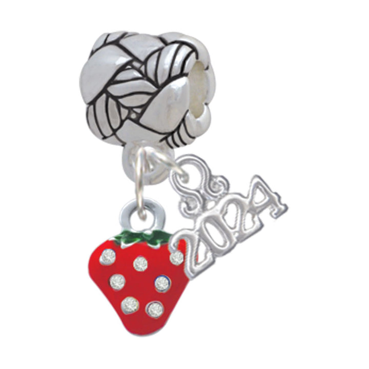 Delight Jewelry Silvertone Mini Red Strawberry with Clear Crystals Woven Rope Charm Bead Dangle with Year 2024 Image 1