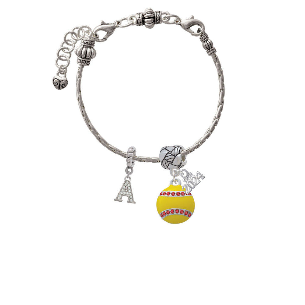 Delight Jewelry Silvertone Optic Yellow Softball with Red Crystal Stitching Woven Rope Charm Bead Dangle with Year 2024 Image 3
