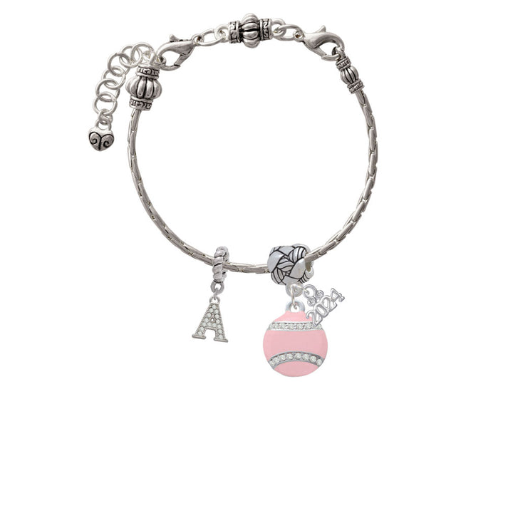 Delight Jewelry Silvertone Pink Tennis Ball with Clear Crystals Woven Rope Charm Bead Dangle with Year 2024 Image 3