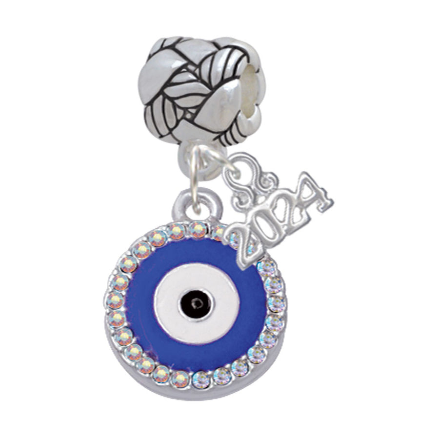 Delight Jewelry Silvertone Large Blue Evil Eye with AB Crystal Border Woven Rope Charm Bead Dangle with Year 2024 Image 1