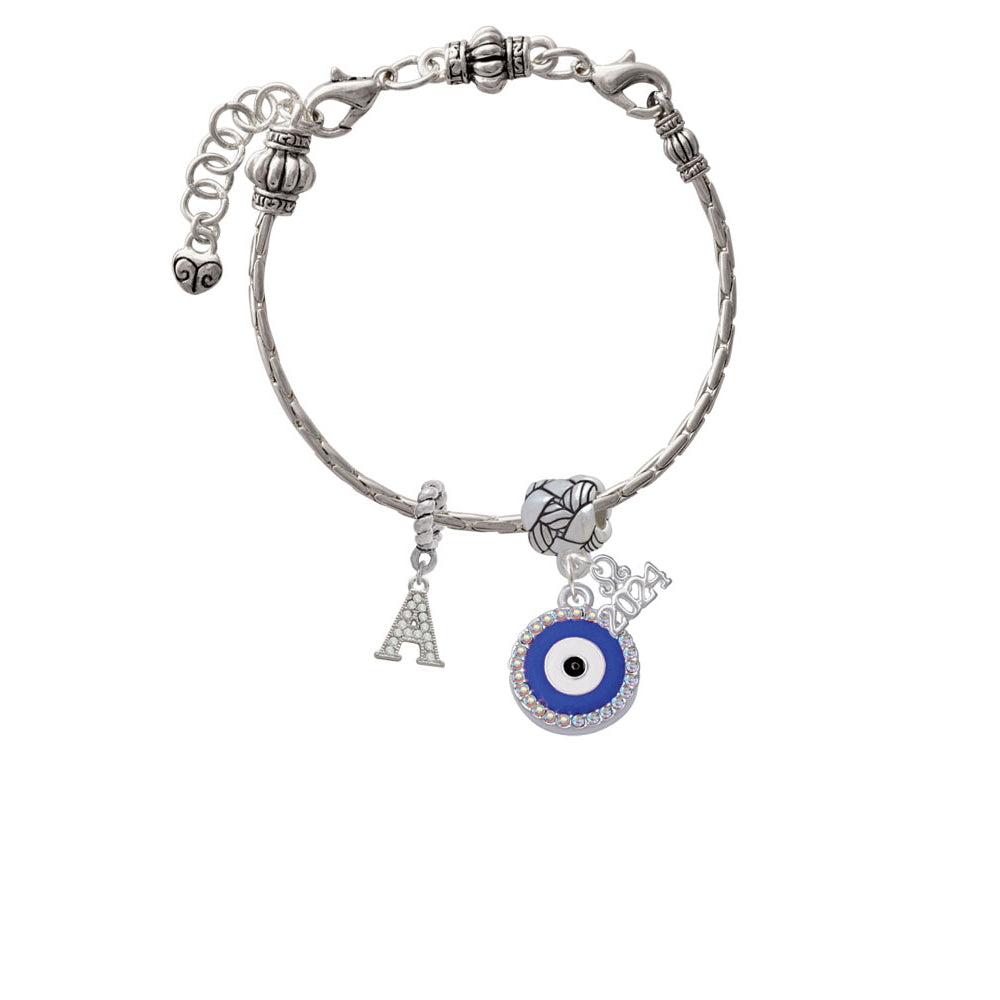 Delight Jewelry Silvertone Large Blue Evil Eye with AB Crystal Border Woven Rope Charm Bead Dangle with Year 2024 Image 3