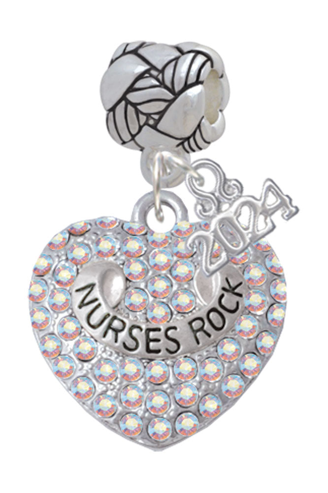Delight Jewelry Silvertone Nurses Rock on AB Crystal Heart Woven Rope Charm Bead Dangle with Year 2024 Image 1