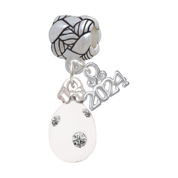 Delight Jewelry White Easter Egg with Clear Crystal Dots Woven Rope Charm Bead Dangle with Year 2024 Image 1
