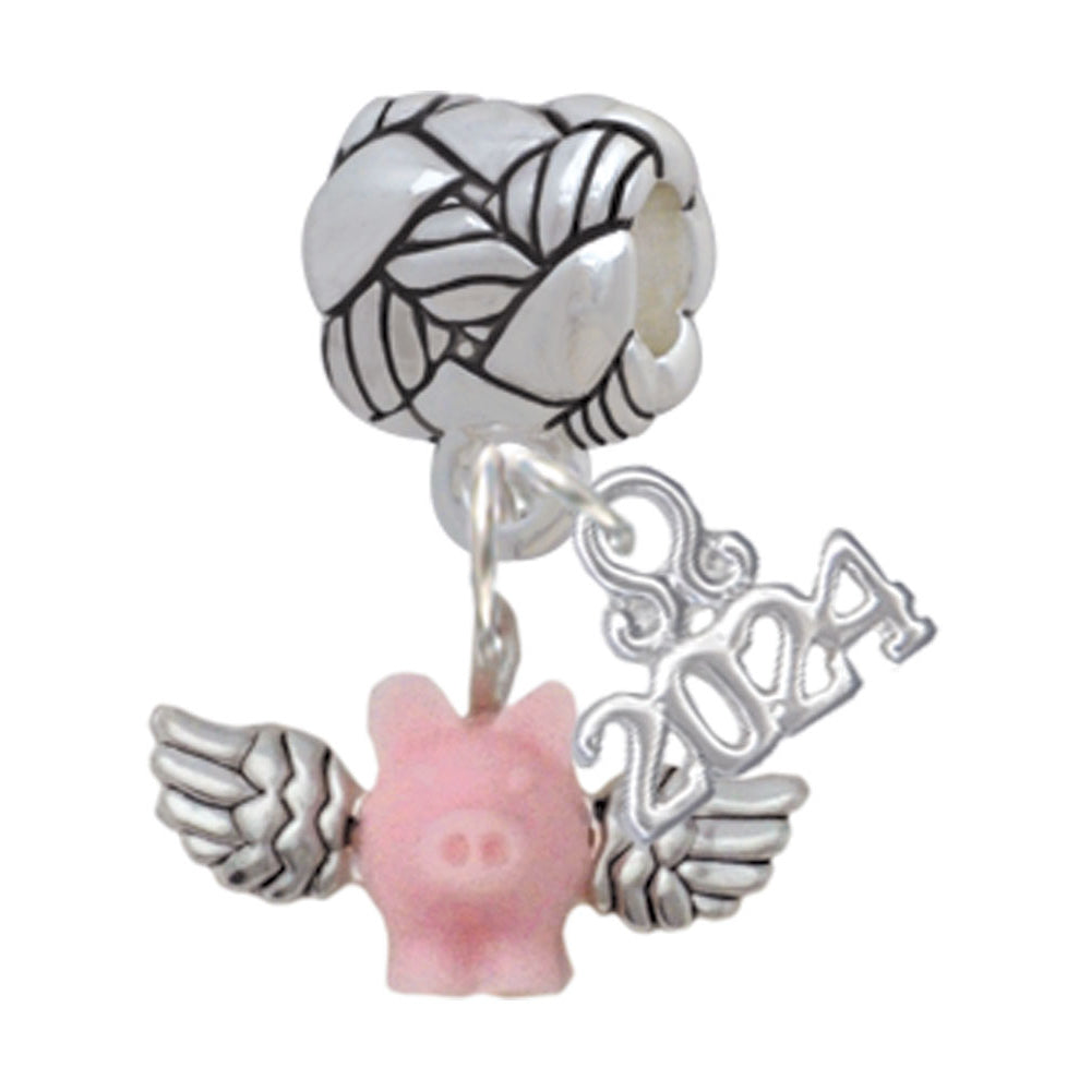 Delight Jewelry Silvertone Mini Pink Flying Pig Woven Rope Charm Bead Dangle with Year 2024 Image 1