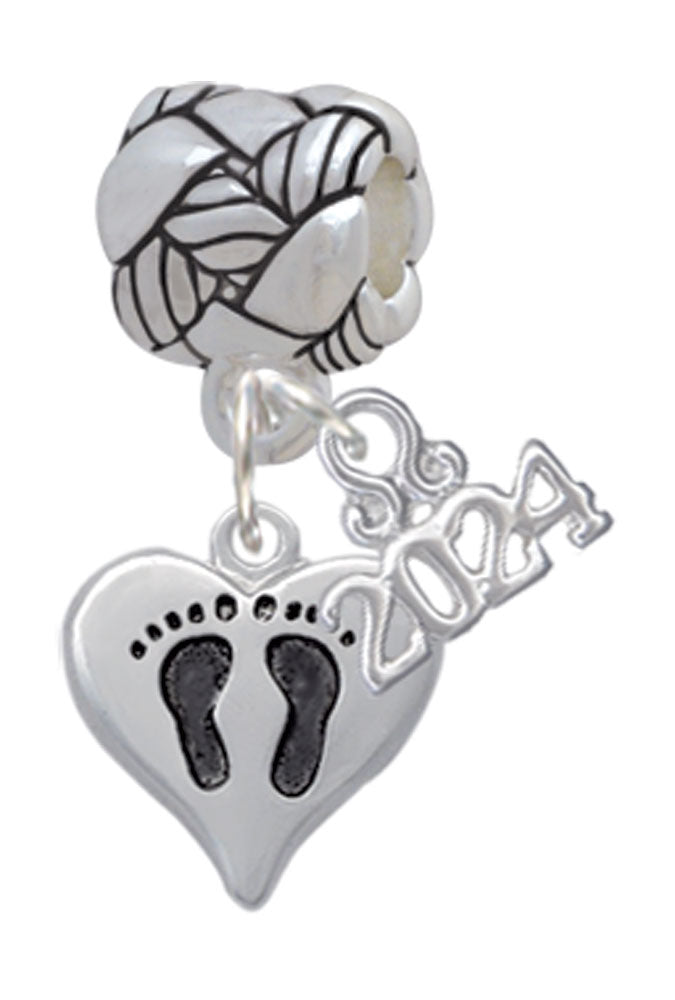 Delight Jewelry Silvertone Small Heart with Baby Feet Woven Rope Charm Bead Dangle with Year 2024 Image 1