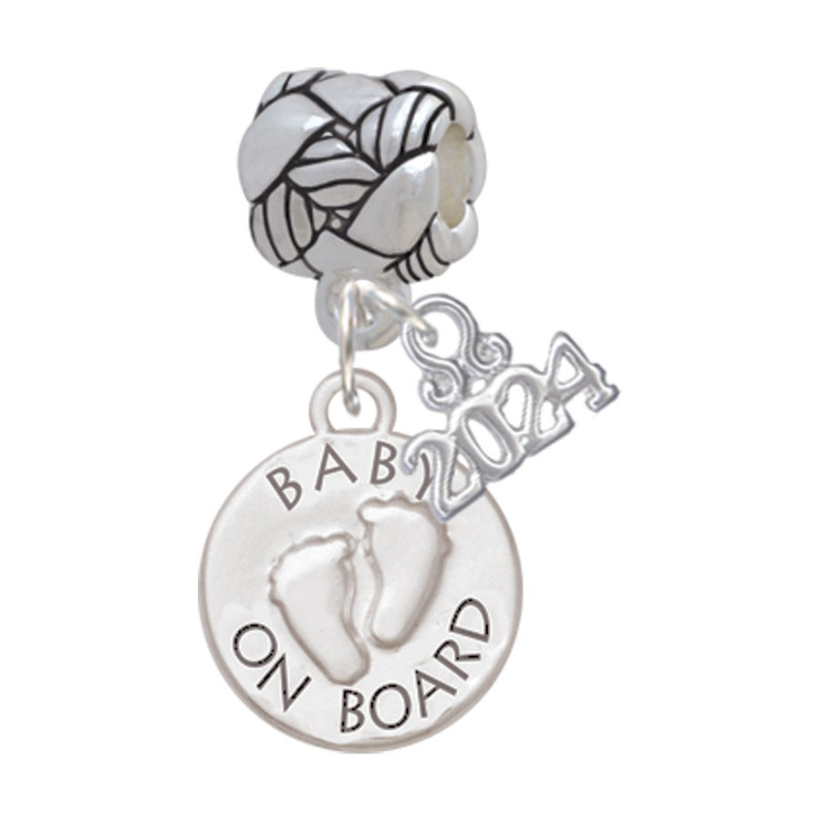 Delight Jewelry Silvertone Baby on Board with Feet Woven Rope Charm Bead Dangle with Year 2024 Image 1