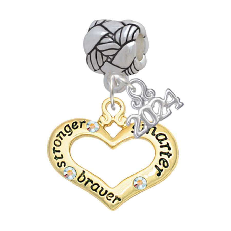 Delight Jewelry Goldtone Heart with 3 AB Crystals - Stronger Braver Smarter Woven Rope Charm Bead Dangle with Year 2024 Image 1