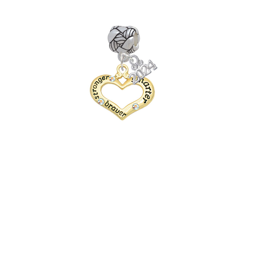 Delight Jewelry Goldtone Heart with 3 AB Crystals - Stronger Braver Smarter Woven Rope Charm Bead Dangle with Year 2024 Image 2
