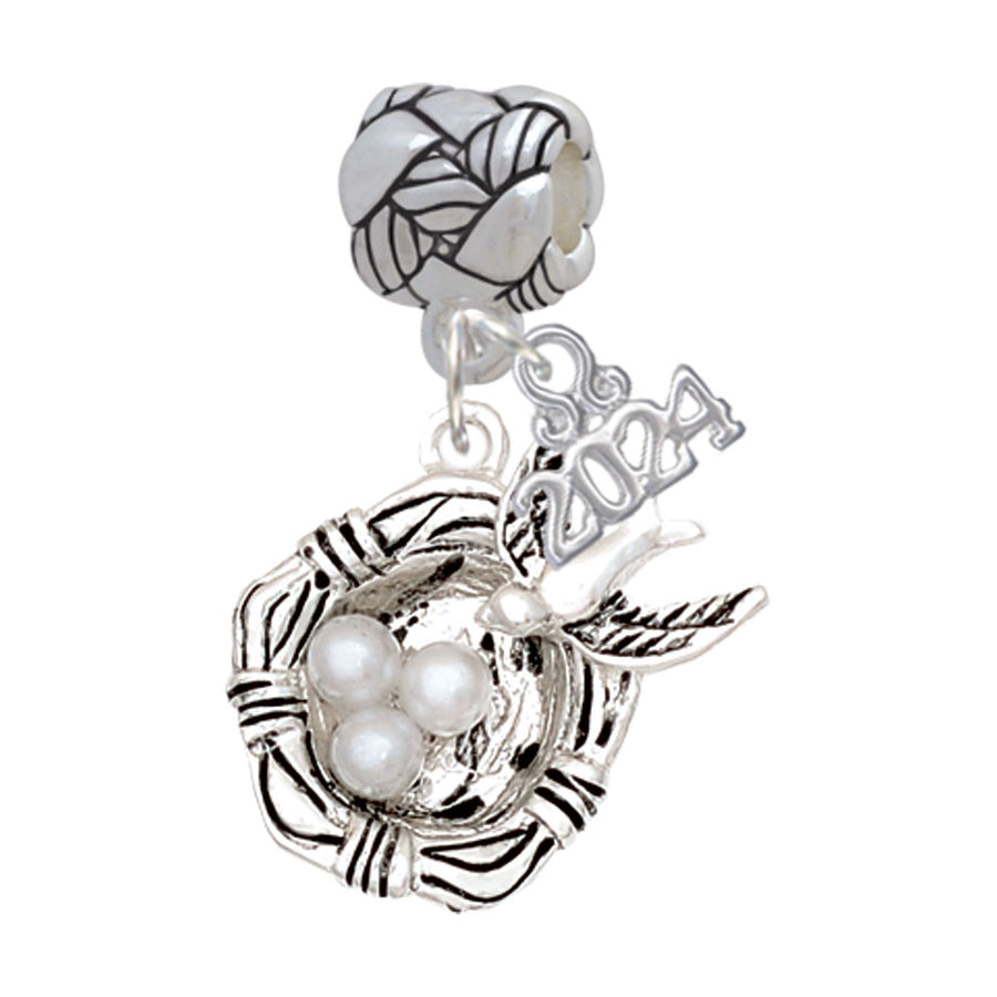 Delight Jewelry Silvertone Birds Nest with Imitation Pearl Eggs Woven Rope Charm Bead Dangle with Year 2024 Image 1