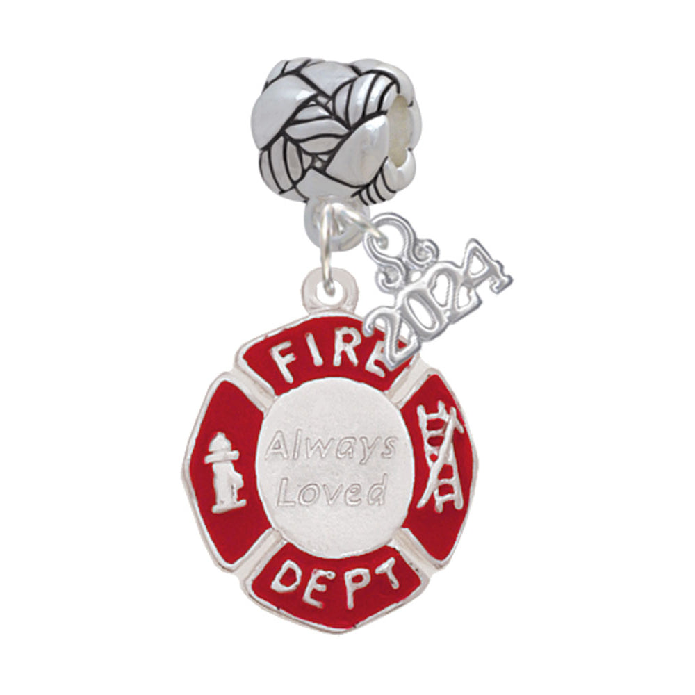 Delight Jewelry Silvertone Red Always Loved Fire Department Shield Woven Rope Charm Bead Dangle with Year 2024 Image 1