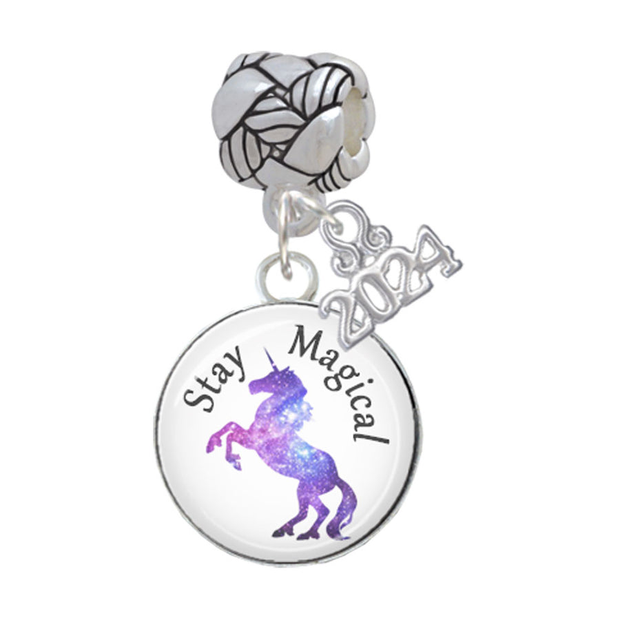 Delight Jewelry Silvertone Domed Stay Magical Unicorn Woven Rope Charm Bead Dangle with Year 2024 Image 1