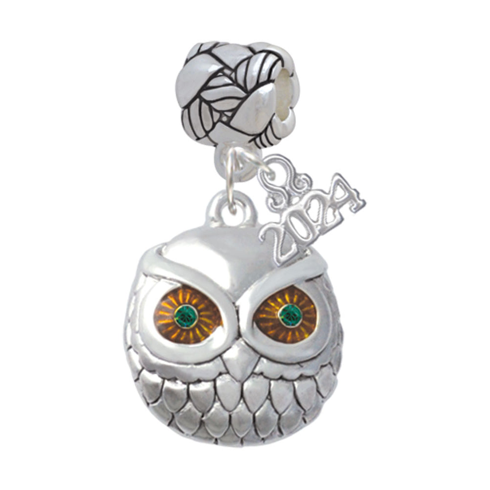 Delight Jewelry Silvertone Large Round Owl with Green Crystal Eyes Woven Rope Charm Bead Dangle with Year 2024 Image 1