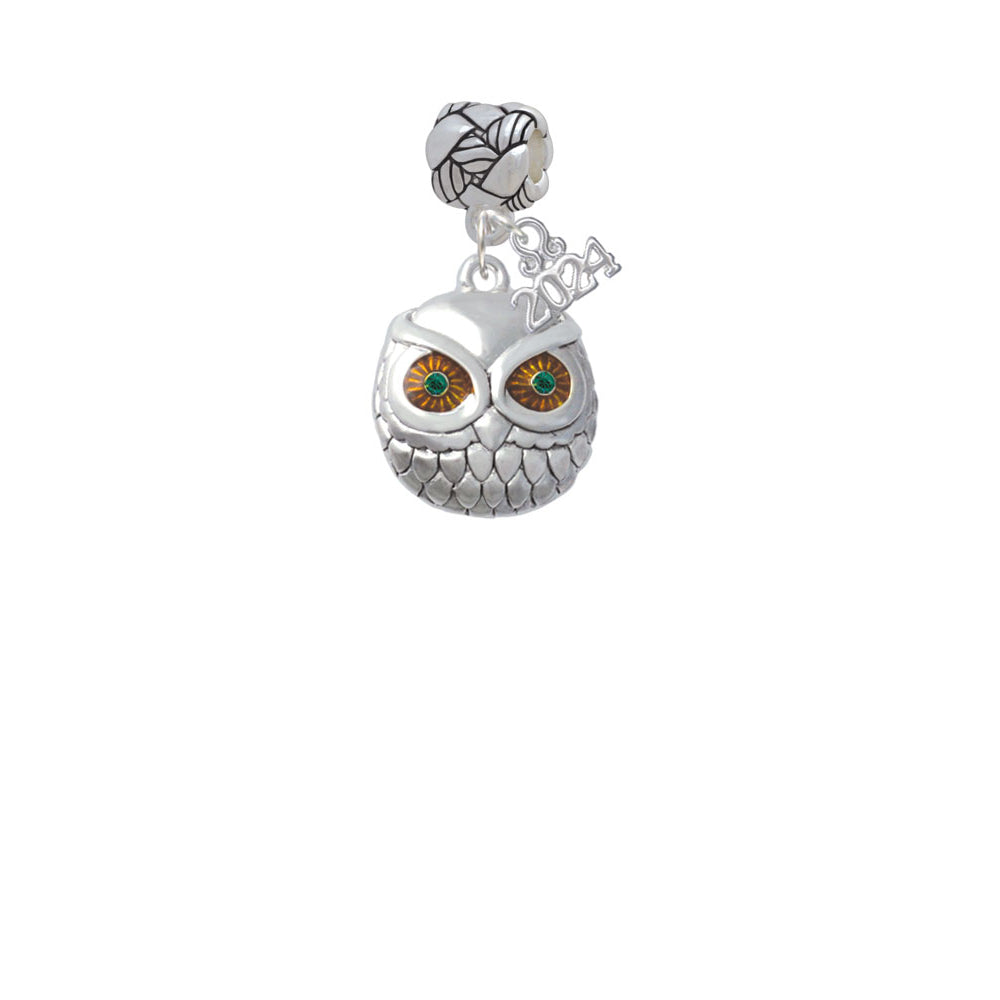 Delight Jewelry Silvertone Large Round Owl with Green Crystal Eyes Woven Rope Charm Bead Dangle with Year 2024 Image 2