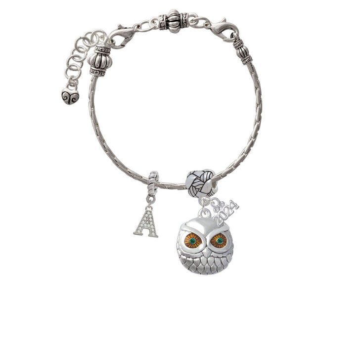 Delight Jewelry Silvertone Large Round Owl with Green Crystal Eyes Woven Rope Charm Bead Dangle with Year 2024 Image 3