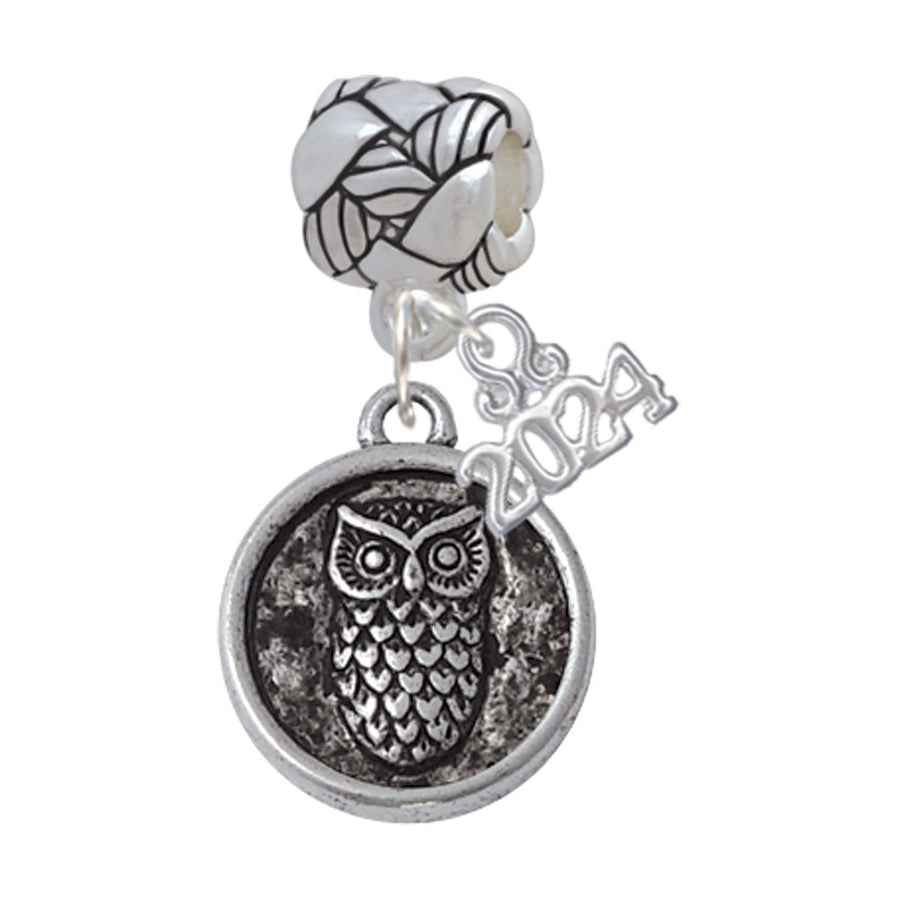 Delight Jewelry Silvertone Antiqued Round Seal - Owl Woven Rope Charm Bead Dangle with Year 2024 Image 1