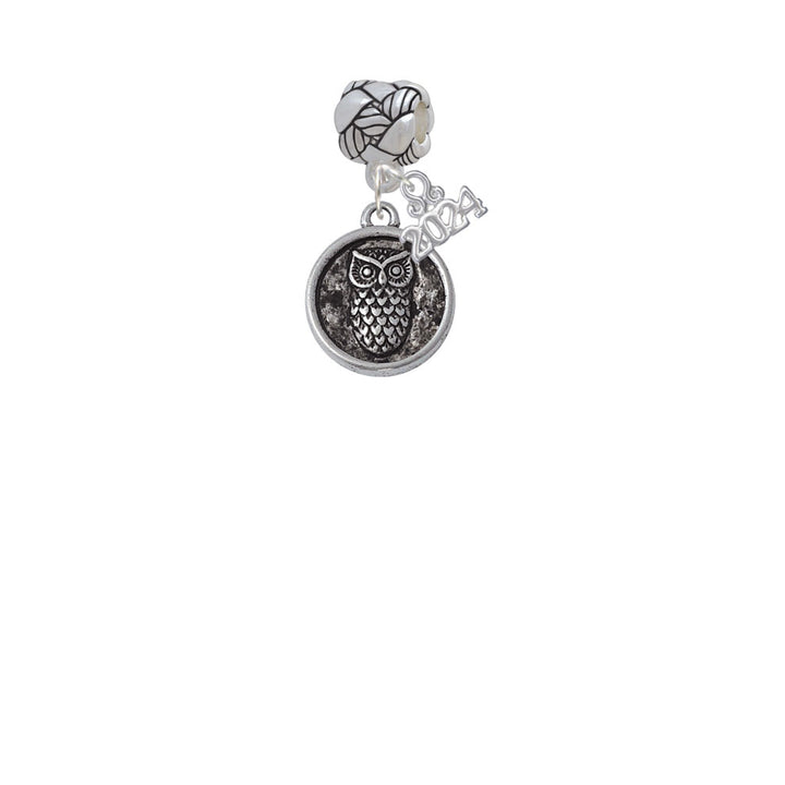 Delight Jewelry Silvertone Antiqued Round Seal - Owl Woven Rope Charm Bead Dangle with Year 2024 Image 2