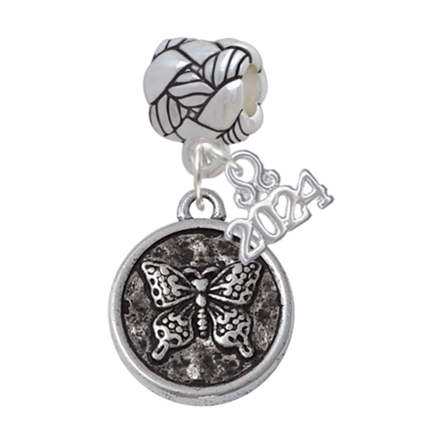 Delight Jewelry Silvertone Antiqued Round Seal - Butterfly Woven Rope Charm Bead Dangle with Year 2024 Image 1