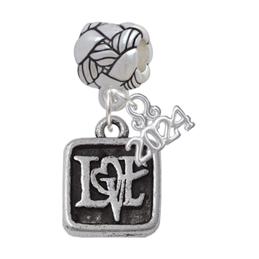 Delight Jewelry Silvertone Antiqued Square Seal - Love with Heart Woven Rope Charm Bead Dangle with Year 2024 Image 1