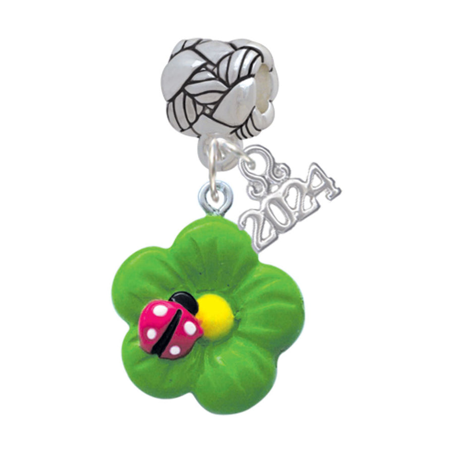 Delight Jewelry Resin Lime Green Daisy Flower with Hot Pink Ladybug Woven Rope Charm Bead Dangle with Year 2024 Image 1