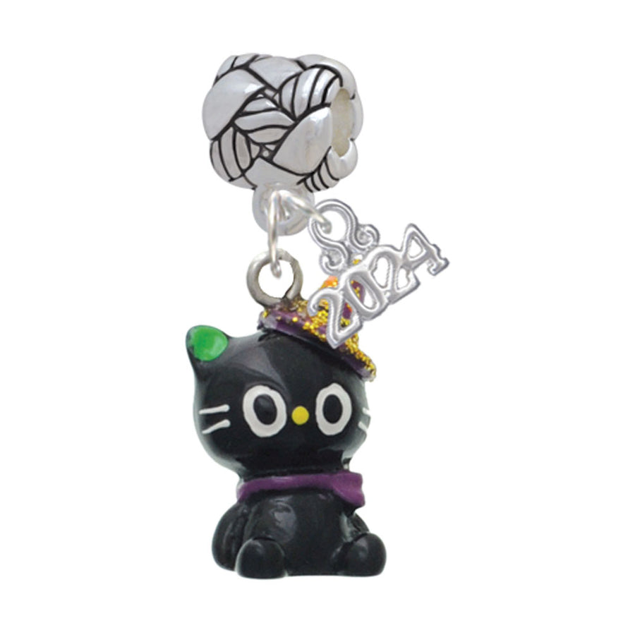 Delight Jewelry Resin Black Kitty Cat with Witch Hat Woven Rope Charm Bead Dangle with Year 2024 Image 1