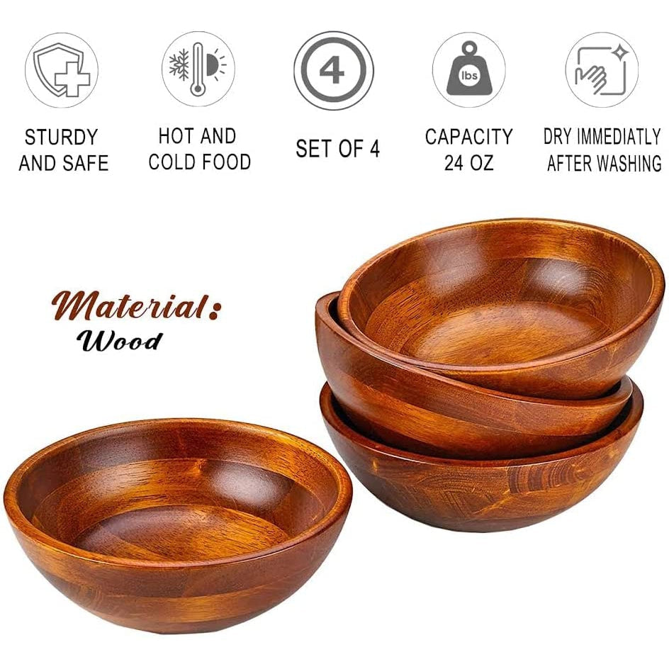 Wooden Salad Bowls - Set of 4 Multipurpose Individual 7 x 2.5 Food Bowls Durable Hardwood Serving. and More 24 oz. Image 2