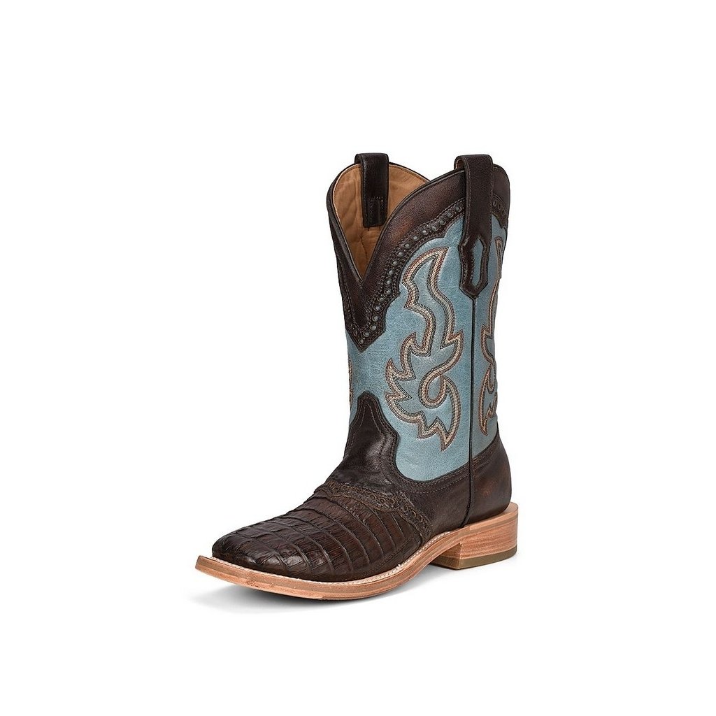 Corral Western Boots Mens 12" Pull On Caiman Overlay Brown Blue A4286 Image 1