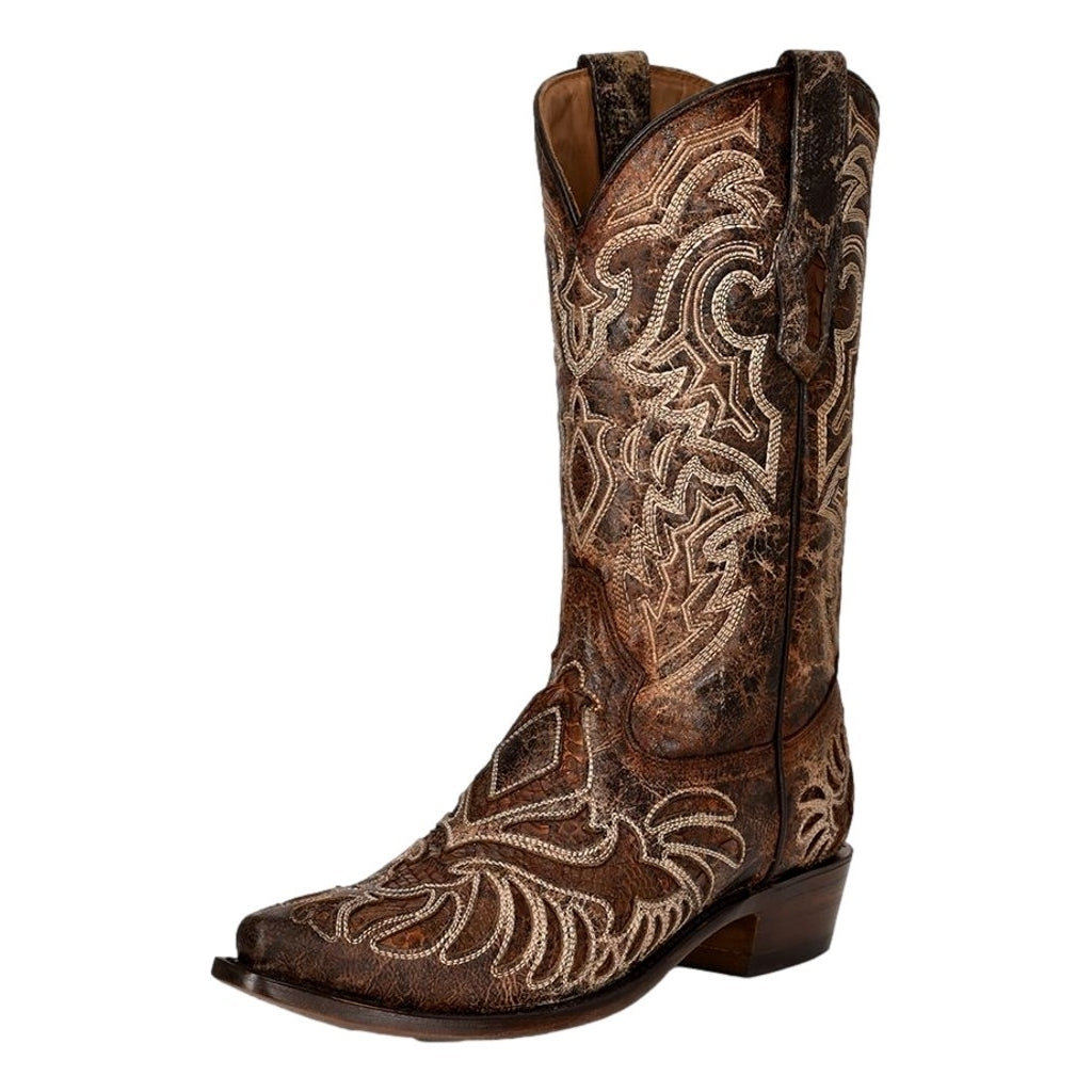 Corral Western Boots Mens Python Inlay Embroidery Snip Toe Brown A4352 Image 1