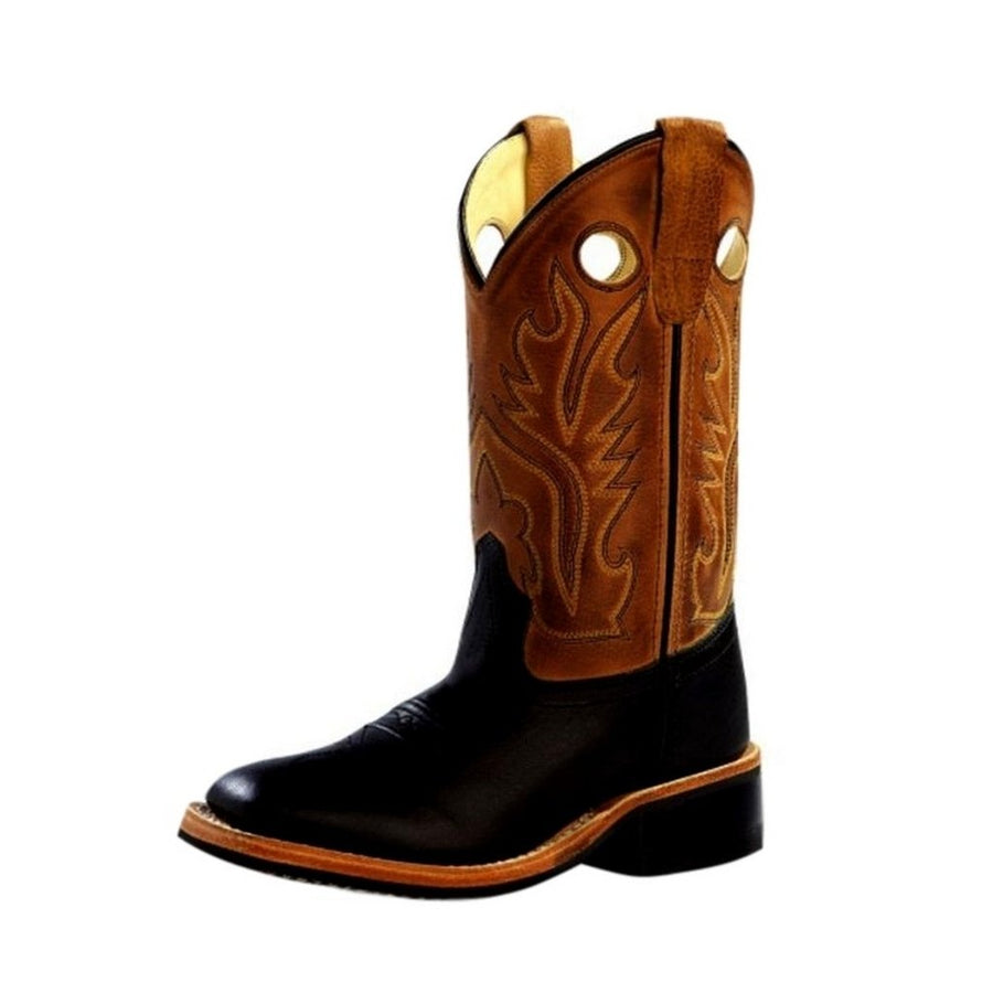 Old West Cowboy Boots Boys Broad Square Toe Rubber Black Tan BSC1810 Image 1