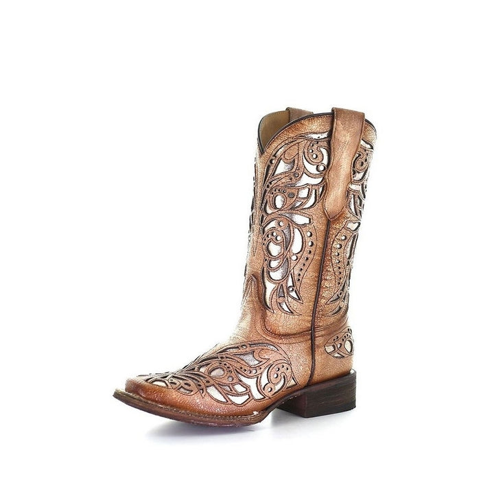 Corral Western Boots Girls 11" Leather Shiny Inlay Beige T0104 Image 1