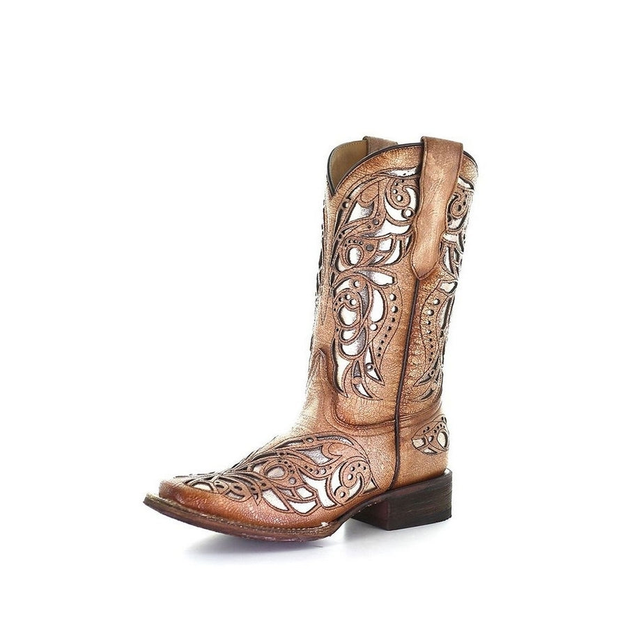 Corral Western Boots Girls 11" Leather Shiny Inlay Beige T0104 Image 1